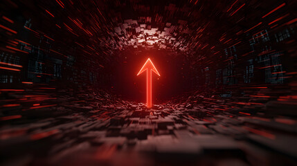 Glowing red arrow points upward dark, abstract digital tunnel, symbolizing progress
