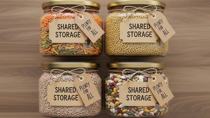 Four Jars of Assorted Dry Food Ingredients for Shared Storage