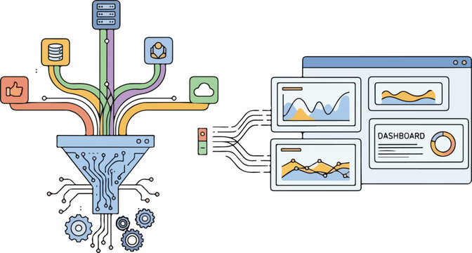 Data funneling and analysis dashboard illustration.