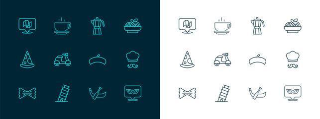 Set line Pasta spaghetti, Leaning tower in Pisa, French beret, Gondola boat, Scooter, Coffee maker moca pot, Flag Italy and cup icon. Vector © Iryna