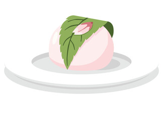 pink Japanese dessert, Sakura Mochi, sweet rice cake with a green cherry blossom leaf