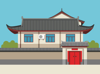 Traditional Chinese style building with grey tiled roof, white walls surrounding wall, red doors