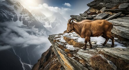 Himalayan tahr standing on rocky mountain slopes with thick shaggy fur and curved horns. A sure-footed wild goat adapted to cold alpine environments and steep terrain.