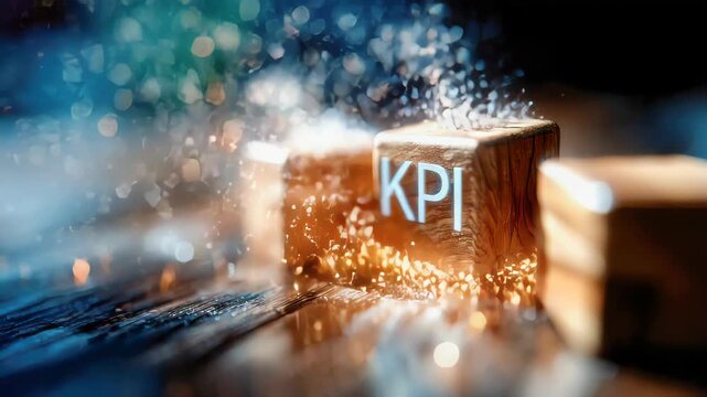 Wooden letter blocks spelling KPI with glowing sparks on a dark surface, symbolizing performance metrics, analytics, and business growth