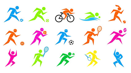 Vector set of colorful people icons and silhouettes featuring a collection of sport fitness and dance activity symbols for family and group logo design illustration