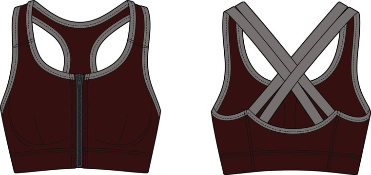 Maroon Women's Zip Front Sports Bra Technical Fashion Sketch with Grey Cross Back Straps and Contrast Trim Isolated on White Background for Activewear Design