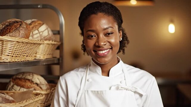 Smiling Black baker in white chef coat, near baked bread loaves in baskets. Warm lighting