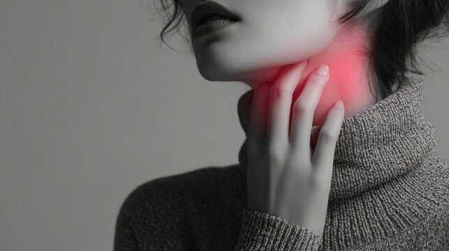 Woman experiencing sore throat with red inflammation highlight