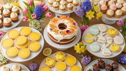 A vibrant easter spread featuring cupcakes cakes cookies and fresh spring flowers