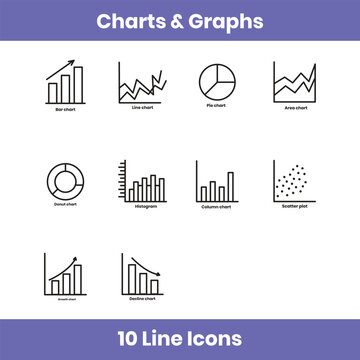 Charts and graphs line icon set, including bar, line, pie, area, column, scatter, histogram, and growth charts. Clean outline style for analytics, reports, and dashboards.