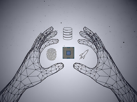 Futuristic wireframe hands holding a computer chip - Powered by Adobe