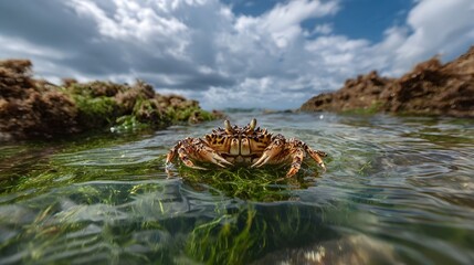 A crab with patterned shell rests on green seaweed in shallow ocean water under a dramatic cloudy sky