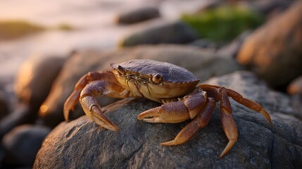 A detailed close up of a marine crab resting on textured coastal rocks during a warm sunset highlighting its pincers and shell
