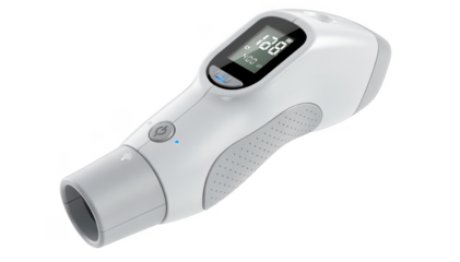 Compact spirometer with digital display and ergonomic design perfect for remote pulmonary patient testing and telemedicine data transmission.