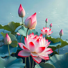 Elegant pink and white lotus flowers and buds gently resting on calm water with delicate droplets