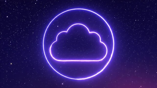 A purple neon cloud icon in a circle glows in dark space.