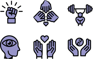 Fototapeta premium Set of Purple Line Art Vector Icons Representing Strength Unity Vision Care and Balance Isolated on White Background for Wellness Design