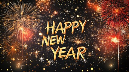 fireworks in the sky, golden text "happy new year", new year's eve background, new year atmosphere, colorful fireworks on a black background, red and gold color scheme