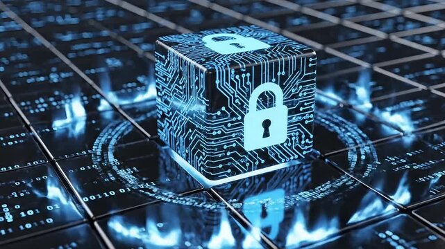 A secure digital block with a padlock symbol glowing on a grid representing blockchain and cybersecurity