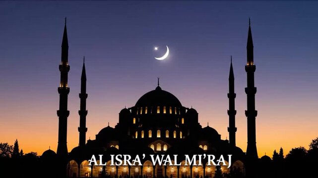 A mosque silhouette at twilight with a moon for Al Isra' wal Mi'raj.