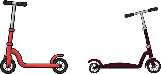 Set of two cartoon kick scooters for children in red and maroon colors, flat vector illustration isolated on white background. © tajwar