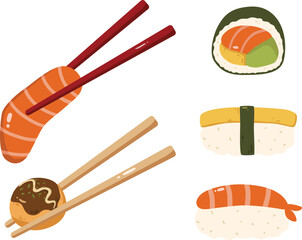 Cute Japanese Food Collection Illlustration Sushi Sashimi Salmon Takoyaki