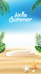 Hello Summer background with tropical leaves, beach sand, starfish and white podium display. Fresh summer template for product presentation, promotion and seasonal design.