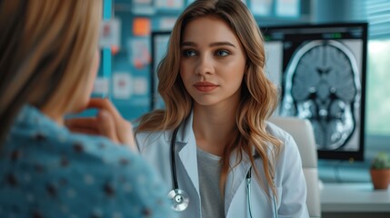 Susac syndrome: A professional female neurologist examining a young woman patient's vision and hearing in a modern medical office, doctor using ophthalmoscope to check retinal vessels