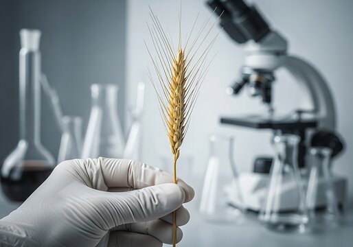 Scientist holding wheat ear in laboratory research