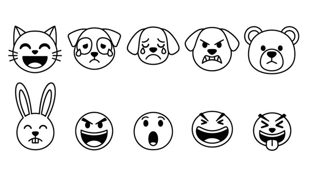 Collection of cartoon animal emoji faces featuring cat, dog, panda, rabbit, bear and a variety of expressive expressions.