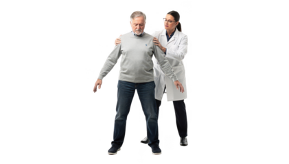 Patient undergoing postural instability pull test on clinic floor with clinician positioned behind for support isolated on white background for medical evaluation concept.