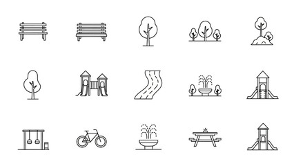 Collection of simple line icons depicting a park scene with benches, trees, pedestrians and bicycles.