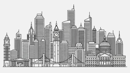 Monochrome city skyline featuring dense cluster of buildings, towers, and urban silhouettes along the horizon.