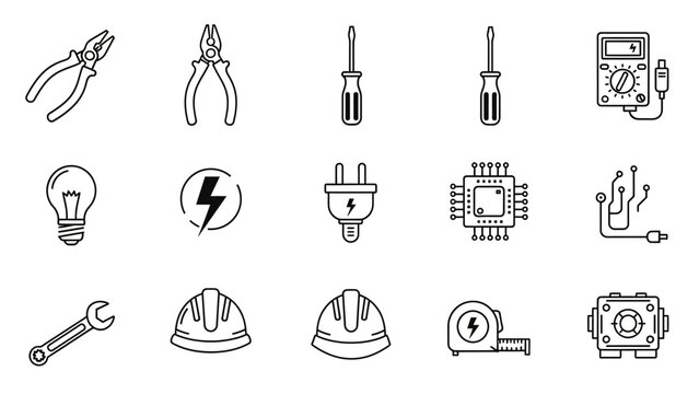 Collection of electrical tools and industrial equipment icons.