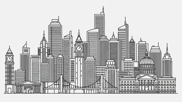 Monochrome city skyline featuring dense cluster of buildings, towers, and urban silhouettes along the horizon.