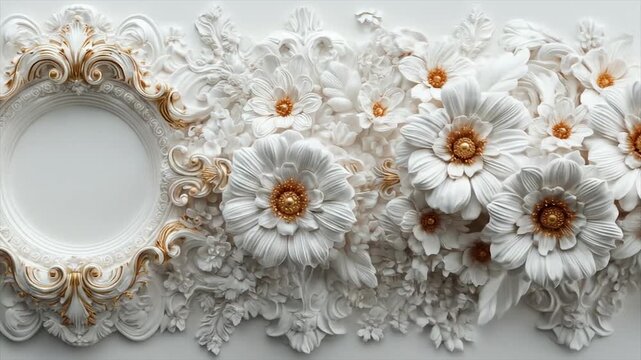 Elegant white floral design with gold accents and circular frame element