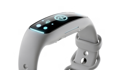 Closeup of a sleek wearable hydration reminder wristband on white background designed to subtly alert users to stay hydrated throughout the day.