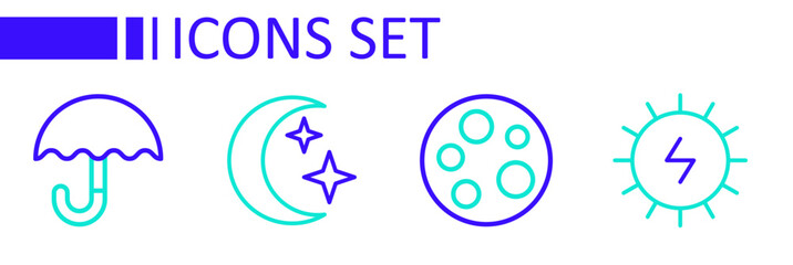Set line Solar energy panel, Moon, and stars and Umbrella icon. Vector