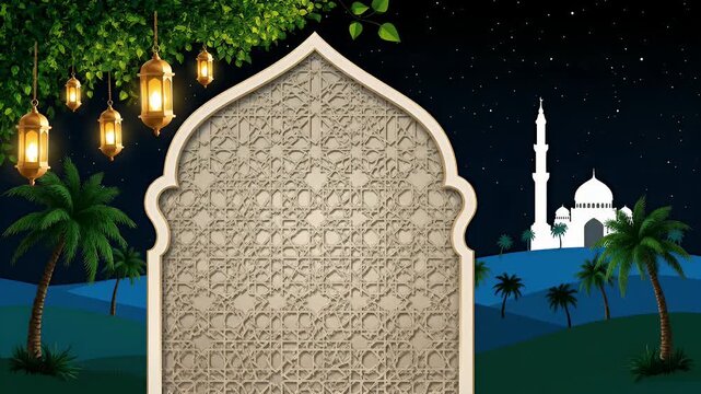 Decorative Ramadan arch with lanterns and mosque at night
