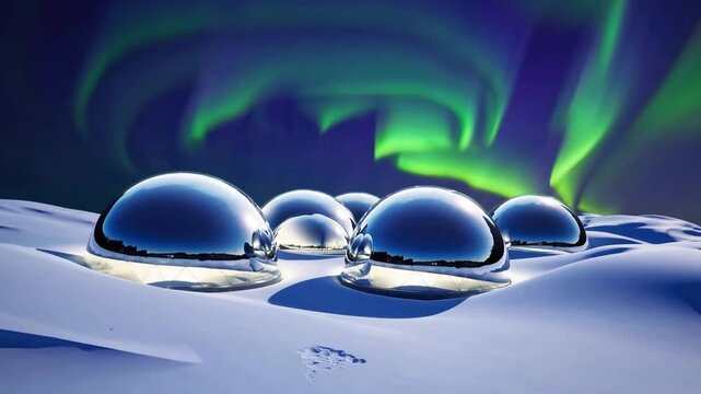 Reflective igloo domes on snowy dunes under vivid green aurora, soft shadows in foreground and polar sky in background, concept of arctic eco tourism