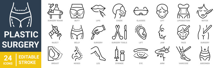 Plastic Surgery. laser, wrinkle, sil, form, hair, buttocks. web line icons.