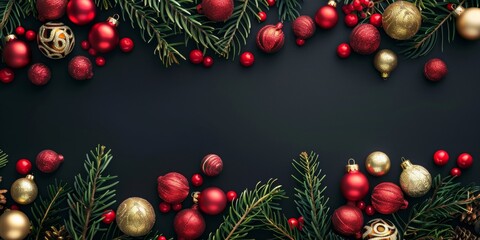Horizontal composition from realistic fir tree branches decorated red and golden small christmas balls on a black background with a place for text. AI generative