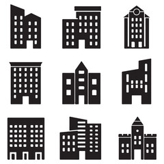  A set of nine different black building icons in silhouette form against a white background