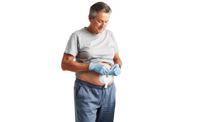 Middleaged individual confidently replacing colostomy pouch using sterile techniques highlighting independence and hygienic home care practices.