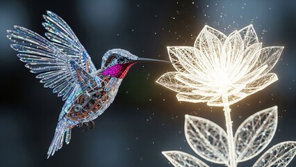 Robotic Hummingbird with Crystal Wings Hovering Over Glass Flower Render