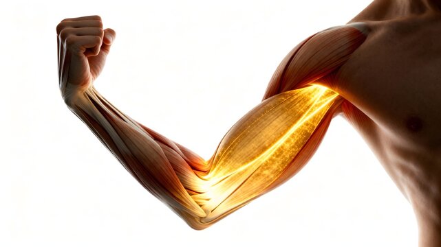 Biceps brachii visualization showing arm flexion muscle for strength training and orthopedics.