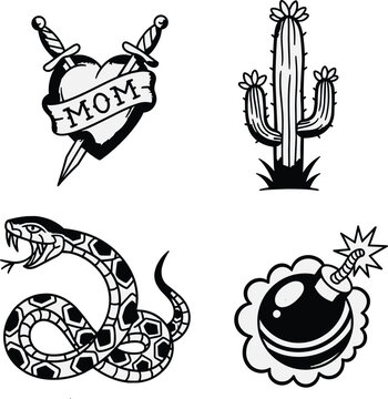 Tattoo-style black and white illustrations of heart MOM banner, cactus, coiled snake, cartoon bomb, bold ink art, symbolic design