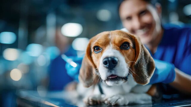 Beagle dog resting on a veterinary examination table while receiving medical care at a clinic