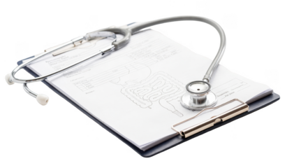 Closeup of clinical clipboard holding notes and stethoscope on desk symbolizing detailed primary care consultation about digestive health white background isolated.