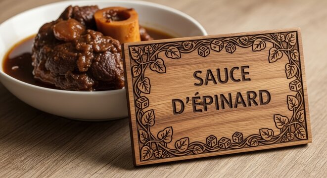Wholesome Ivorian Sauce d&rsquo;&Eacute;pinard Spinach Stew with Beef Shank and Hand-Carved Iroko Wood Sign